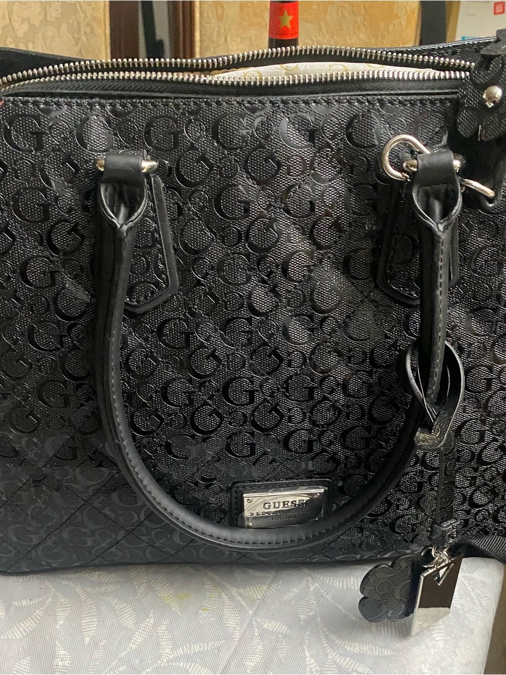 GUESS Black Monogram Satchel with Silver Hardware